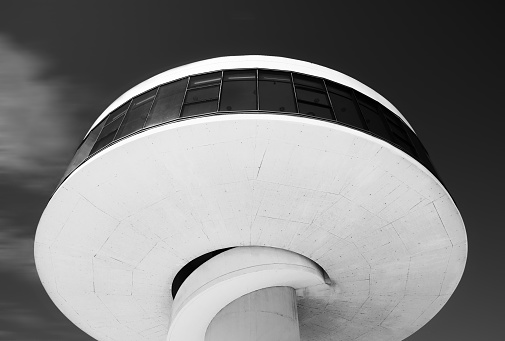 Aviles, Spain – July 31, 2023: A black and white photo of the Oscar Niemeyer International Cultural Centre in Spain