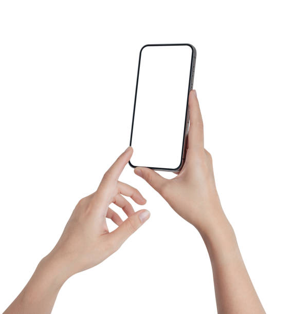 istock Hand holding smartphone with blank screen isolated on white background. 1985621738