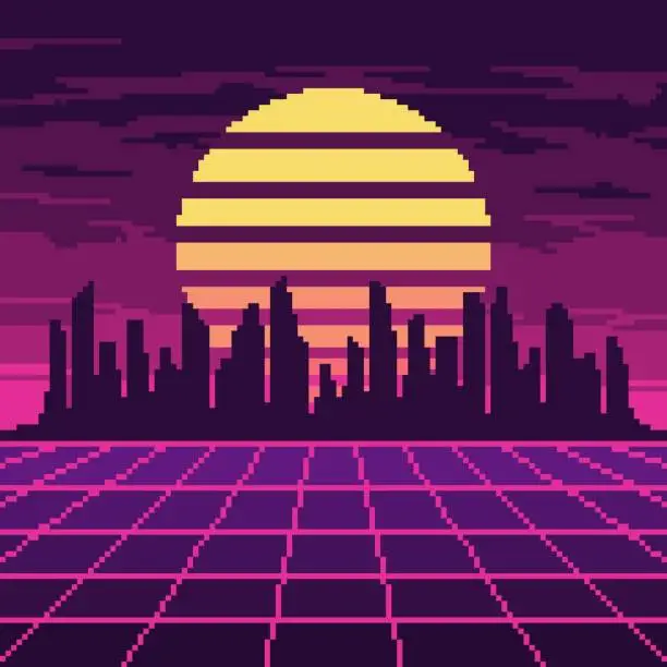 Vector illustration of Pixel synthwave purple mesh with city and sun background