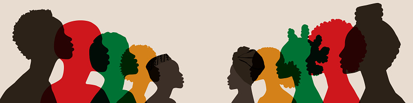 Silhouette face head in profile ethnic group of black African and African American men and women. Identity concept - racial equality and justice. Racism, discrimination. Juneteenth emancipation.