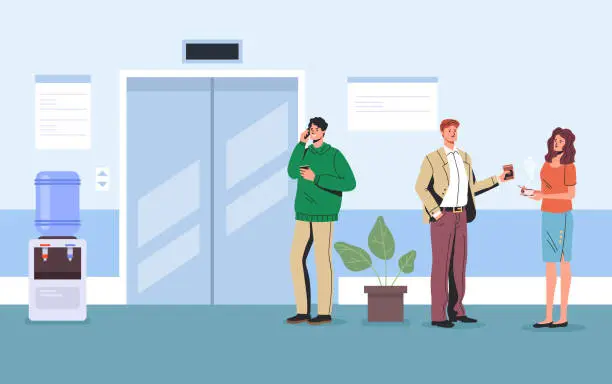 Vector illustration of Business people man and woman character waiting elevator in business center hall company. Business life concept. Vector flat cartoon graphic design illustration