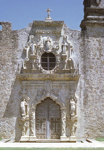 Entrance to Mission San José y San Miguel de Aguayo, San Antonio, Texas, USA as it appeared in 1971. Today it is part of  San Antonio Missions National Historical Park. Scanned film.