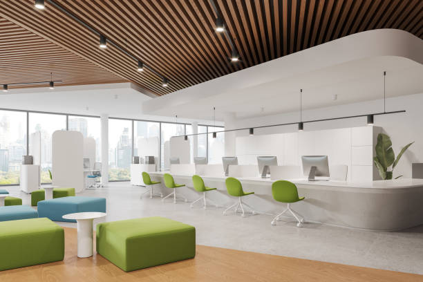 istock Modern business interior with chill and consulting corner, panoramic window 1985682993