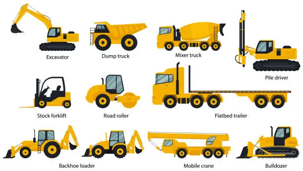 Vector illustration of Set of Construction machines. Heavy machinery for Excavator, Dump, truck, Mixer, truck, Pile, driver, Stock, forklift, Road, roller, Flatbed, trailer, Backhoe, loader, Mobile, crane, Bulldozer. Vector