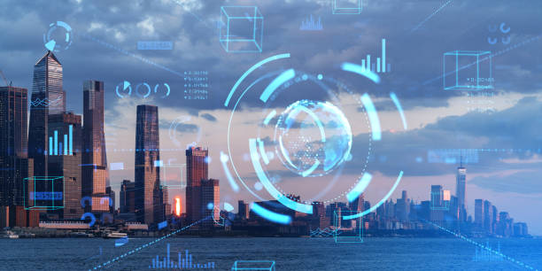istock City panorama with network interface and planet hologram.New York 1985690239