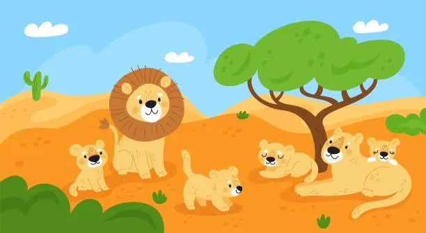 Vector illustration of Lion family on nature. Beautiful savannah landscape. Wild animals. Resting pride. Lioness with cubs. King of beasts. African safari panorama. Cartoon predator mammals. Garish vector concept