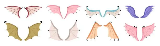 Vector illustration of Cartoon dragon wings. Webbed parts of mythical animals. Fairy tale flying creatures elements. Fantasy reptiles. Vampire bat fly. Carnival costume. Halloween evil monster. Garish vector set