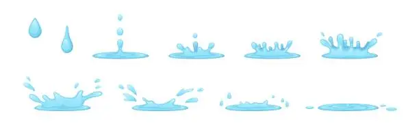 Vector illustration of Water splash animation. Blue liquid frame by drop movement. Dropping and splat effects. Aqua splash sequences. H2O droplets falling process cycle. Fluid crowns. Recent vector concept