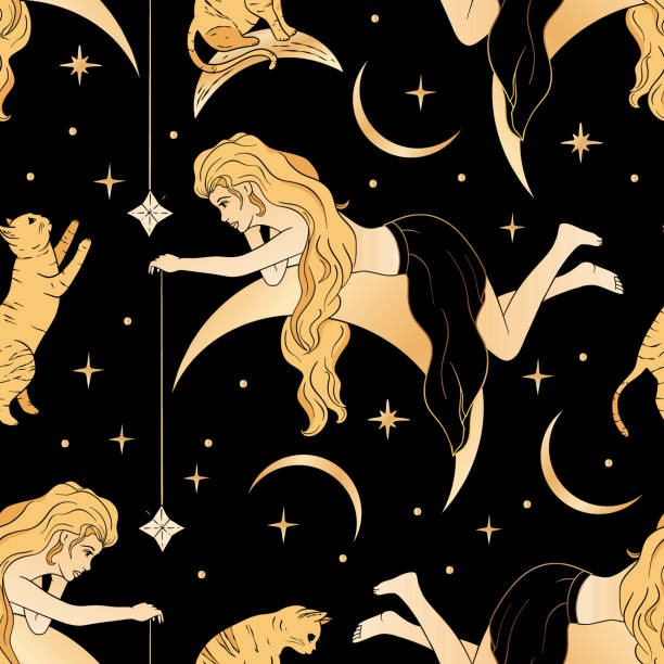 beautiful woman with sitting on a moon magic celestial golden seamless astrology pattern background. - moon women crescent teenage girls stock illustrations