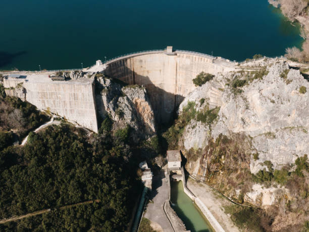 Aerial view of a large concrete dam of an hydroelectric power plant