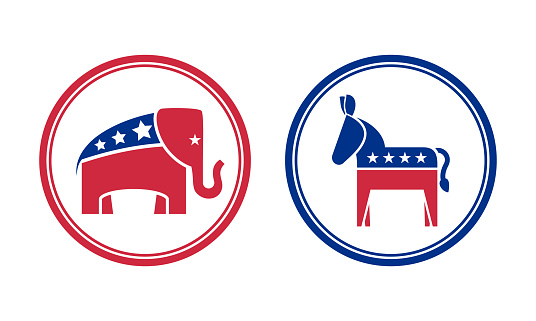 Vector illustration of a round election elephant and donkey icons.