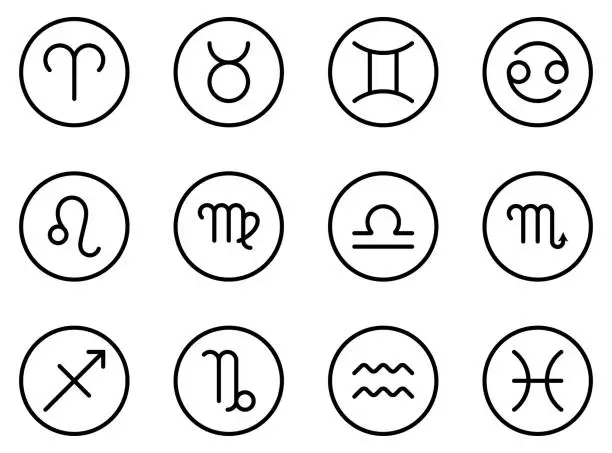 Vector illustration of Zodiac sign black icon set vector. Aries, Taurus, Gemini, Cancer, Leo, Virgo, Libra, Scorpio, Sagittarius, Capricorn, Aquarius, Pisces. Astrology