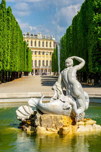 Vienna, Austria - April 2019: Fountain in Schonbrunn gardens