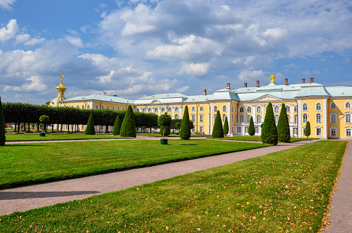 St. Petersburg, Russia - August 2019: Grand Peterhof Palace and Upper park in Petrodvorets