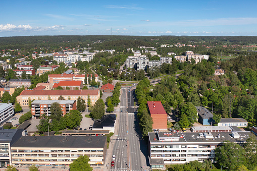 Aerial view of apartment buildings in central Salo in the southwest of Finland in summer.