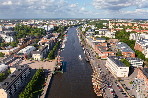 Aerial view of the city of Turku / Åbo and Aura river in summer in Finland.