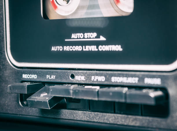 close up with a audio tape in a retro music player - 11244 ストックフォトと画像