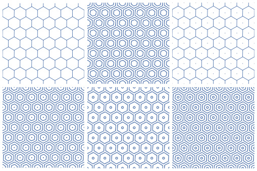 Set of Seamless Geometric Hexagons Blue Patterns with Honeycomb Motif. Vector Art.