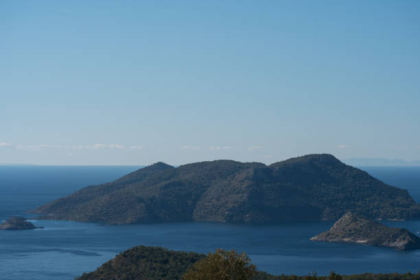 A serene view of a tree-covered island surrounded by the calm blue sea.