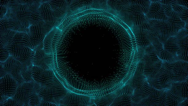 istock Abstract blue sphere in the wave on black background. Wormhole or speed tunnel technology. Wireframe circle structure with glowing particles. Futuristic digital illustration. 3D rendering. 1985802369