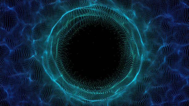 istock Abstract blue sphere in the wave on black background. Wormhole or speed tunnel technology. Wireframe circle structure with glowing particles. Futuristic digital illustration. 3D rendering. 1985803391
