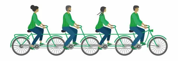 Vector illustration of Group of people on green tandem bicycle. Isolated. Vector illustration.