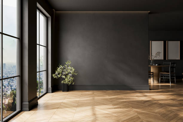 istock Modern black interior empty room , table with chairs. Mock up. Suitable for interior rooms furniture template. 1985821368