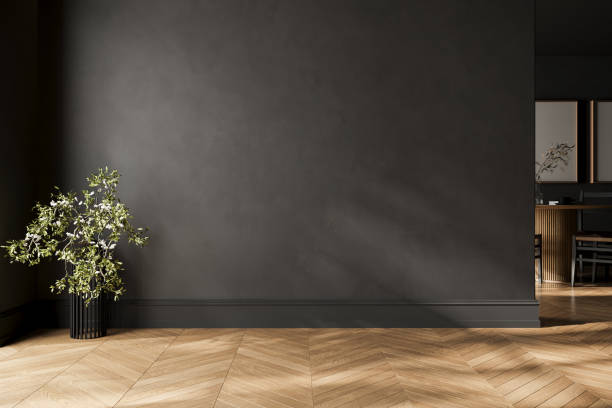 istock Modern black interior empty room , table with chairs. Mock up. Suitable for interior rooms furniture template. 1985821369