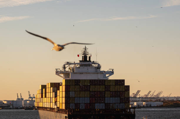 Cargo Container Ship on Hudson River New York, USA