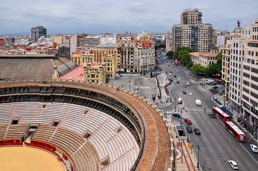 Valencia, Spain - June 2018: Valencia Arena (Plaza de Toros de Valencia) and cityscape