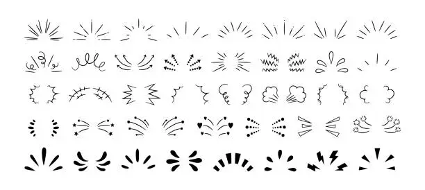 Vector illustration of Hand-drawn rays and explosion. Doodle brush ornament lines and surprise symbol. Sun burst, shocked frame, shine starburst elements on white background. Vector set