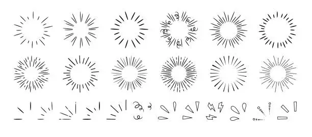 Vector illustration of Doodle splashes and firework. Hand drawn brush explosion, round frame burst, black sparkle rays, shine starburst. Vintage line lighting effects. Vector collection