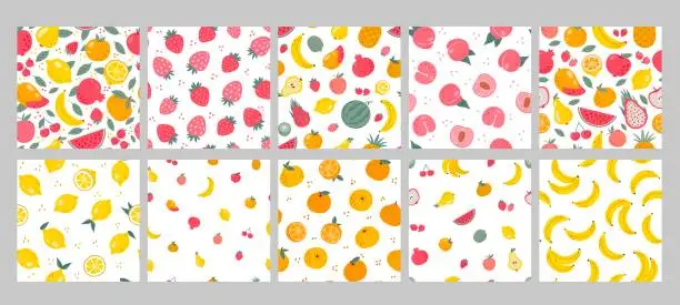 Vector illustration of Fruit pattern. Seamless background with hand drawn fruit and berries. Trendy abstract print lemon, sweet peach, banana, tropical orange, season strawberry. Vector set