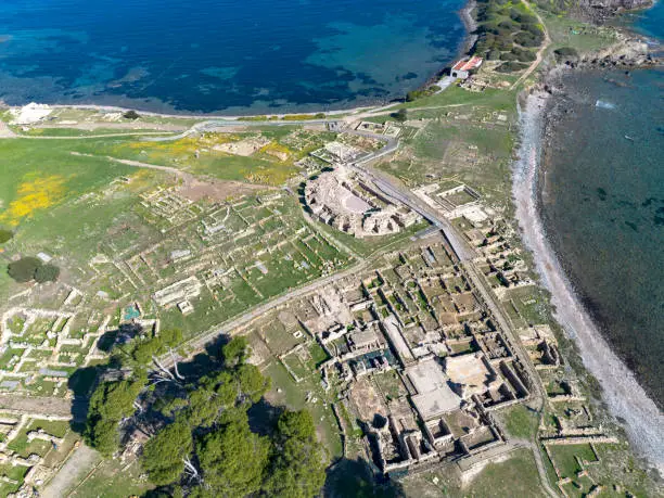 Archaeological site of Nora, seen from the drone. The city of Nora was a center of Phoenician foundation, and later Punic and Roman city. Pula, Sardinia, Italy