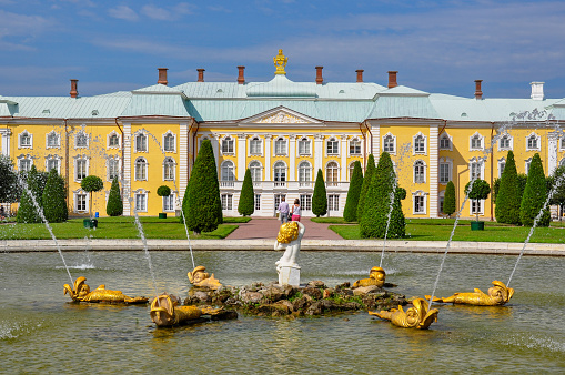 St. Petersburg, Russia - August 2019: Grand Peterhof Palace and Upper park in Petrodvorets