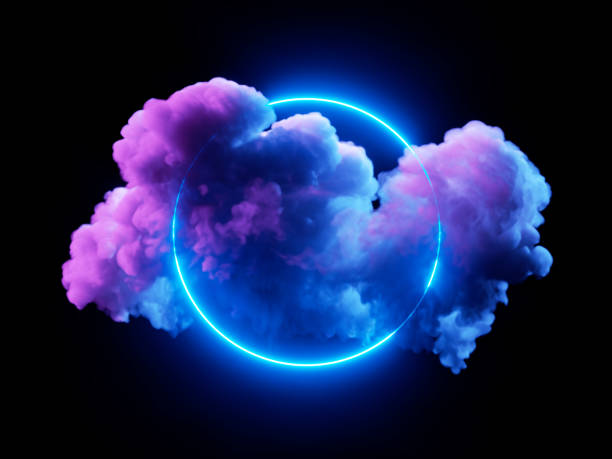istock 3d rendering. Neon cloud with glowing ring, isolated on black background. Round frame. Fantastic wallpaper 1985853871