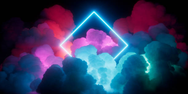 istock 3d render, abstract fantastic neon background, illuminated clouds and glowing linear geometric frame. Futuristic wallpaper, energy concept 1985853879