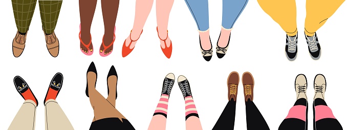 Top view legs shoes. Cartoon male and female legs in modern footwear of various types, pumps, moccasins, boots and sneakers, man and woman stylish contemporary accessories, isolated tidy vector set