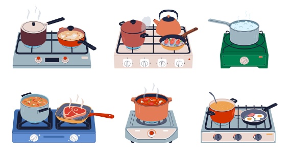 Food on stove. Portable gas hobs with kitchen utensils, dishes cooking process, propane burner with pots, pans and kettles, preparing dinner cartoon flat style isolated illustration nowaday vector set