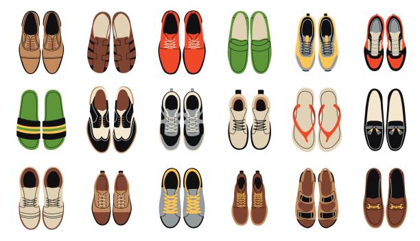 illustrations, cliparts, dessins animés et icônes de chaussures masculines vue de dessus. chaussures à la mode de différents types pour hommes. baskets, pantoufles, bottes et tongs. accessoires élégants ci-dessus. illustration isolée plate de dessin animé, ensemble de vecteurs bien rangés - chaussures