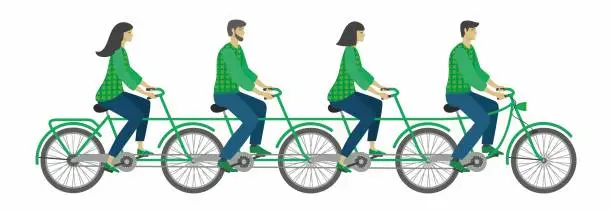 Vector illustration of Group of people on green tandem bicycle. Isolated. Vector illustration.