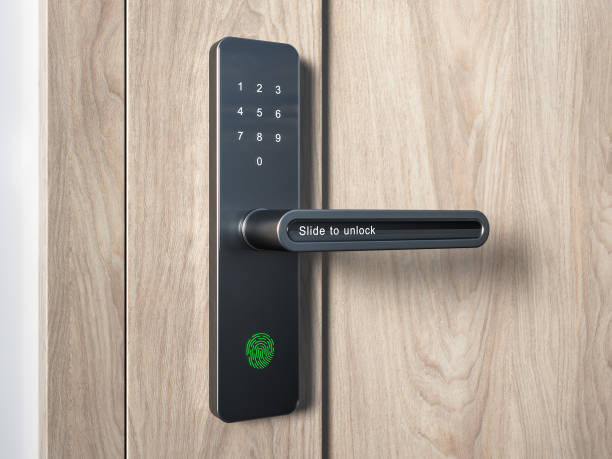 istock Wood door with touch screen keypad and fingerprint 1985908603