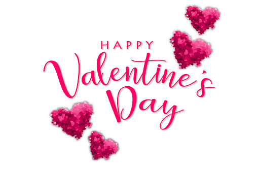 HAPPY VALENTINE'S DAY lettering with pink low poly styled hearts. Isolated on a white background. Can be used as a design for Valentine's day holiday greeting cards or posters.