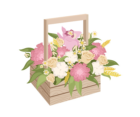 Festive wooden basket with different decorative flower blossoms bouquets vector illustration isolated on white background. Happy valentines day gift, present for birthday party event congratulation
