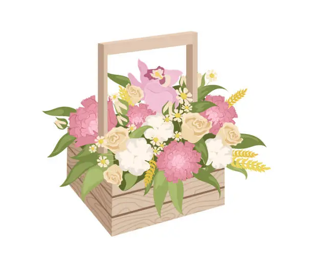 Vector illustration of Festive wooden basket with decorative flower blossoms bouquets vector illustration isolated on white