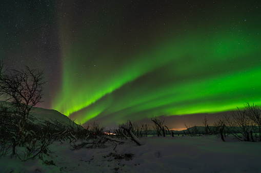 Beautiful display of the Aurora Borealis, or northern lights, over the Abisko National Park, Abisko, near Kiruna, Swedish Lapland, Sweden, January.