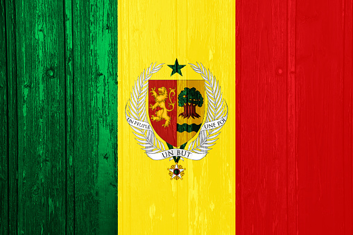 Flag and coat of arms of Republic of Senegal on a textured background. Concept collage.