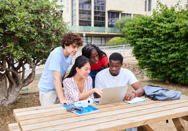 Multiethnic group of university students sitting outdoors and studying together on their laptops. Education and friendship concept