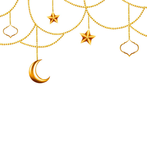 istock Watercolor Islamic arabian frame with golden crescent moon, stars on a gold chains illustration isolated on white background. Muslim hand drawn holiday Ramadan Kareem or Eid Al Adha 2024 template. For designers, prints, postcards, website design. 1986018411