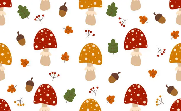 Vector illustration of Seamless pattern with mushrooms. Seamless pattern with mushrooms and leaves, acorns and berries. Forest background